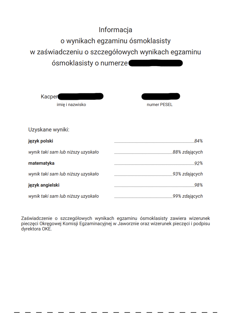 Wyniki egzaminu — Angielski 98%, matematyka 92%